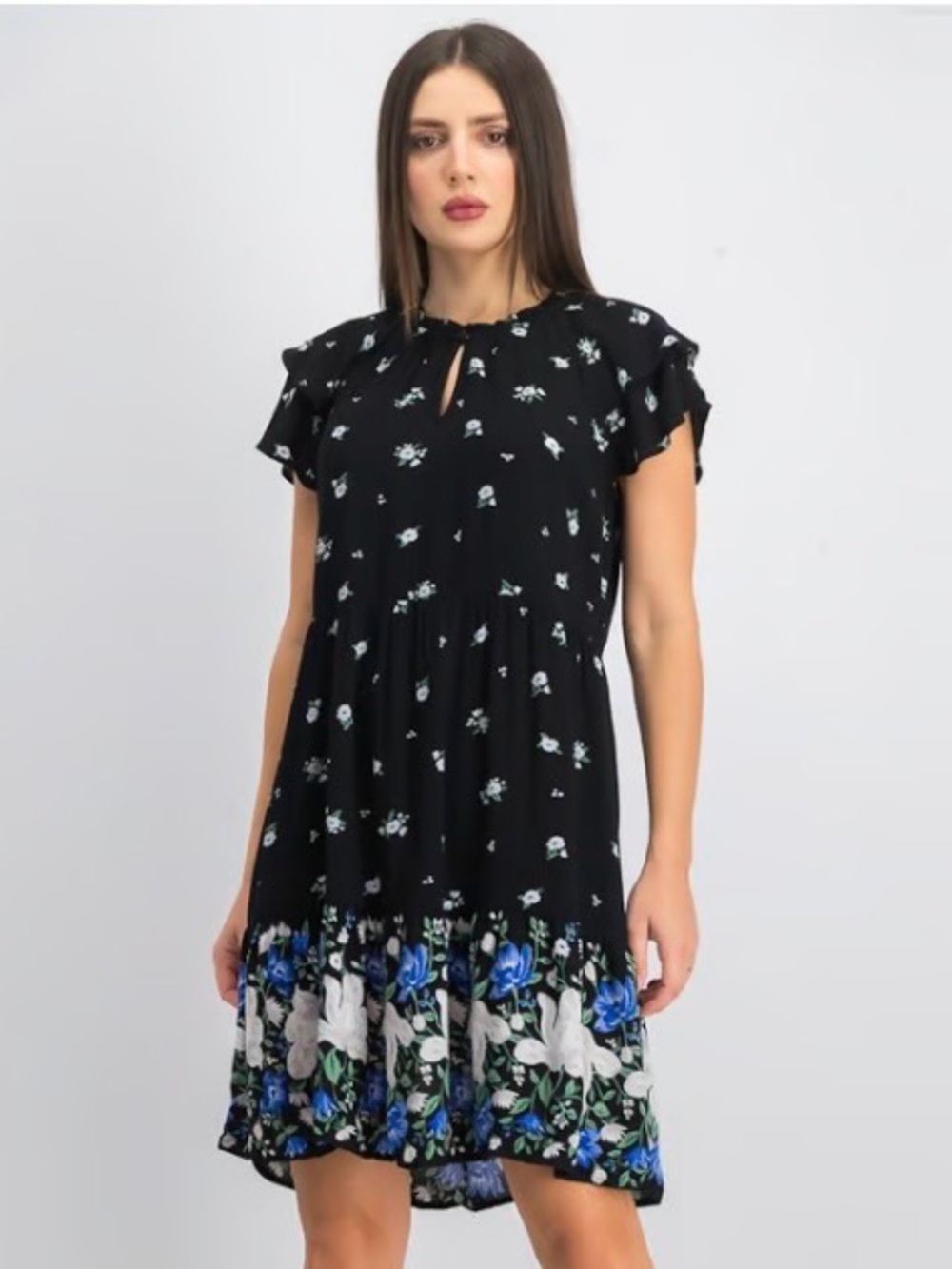 Old Navy Black Floral Midi Dress with Blue & White Border